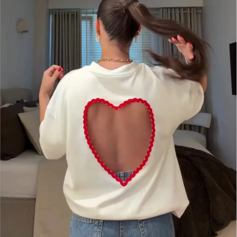 T-shirt blanc basique polyvalent pour femme, coupe ample, chic, décontracté, avec découpe en forme de cœur, style streetwear tendance et stylé