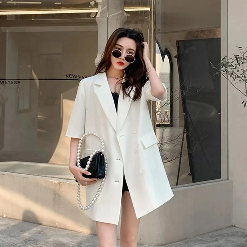 Korean Women Leisure Short Sleeved Suit Coat Summer Female Fashion Blazer Jacket Ladies Solid Color Mid Length Version Outerwear