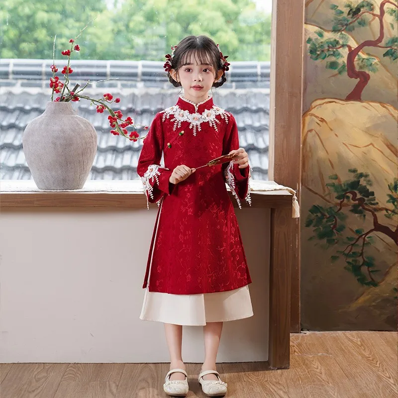 Robe de Bal pour Fille, Tenue de Soirée, de Mariage, à Fleurs, Tradition Alberoise, Cheongsam, Rouge, pour Nouvel An