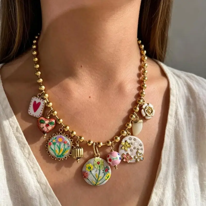 Stainless Steel Hand-Painted Flower Drop Oil Necklace Rustproof Sweet Cute Jewelry for Teen Girls Birthday Party Accessory Gift