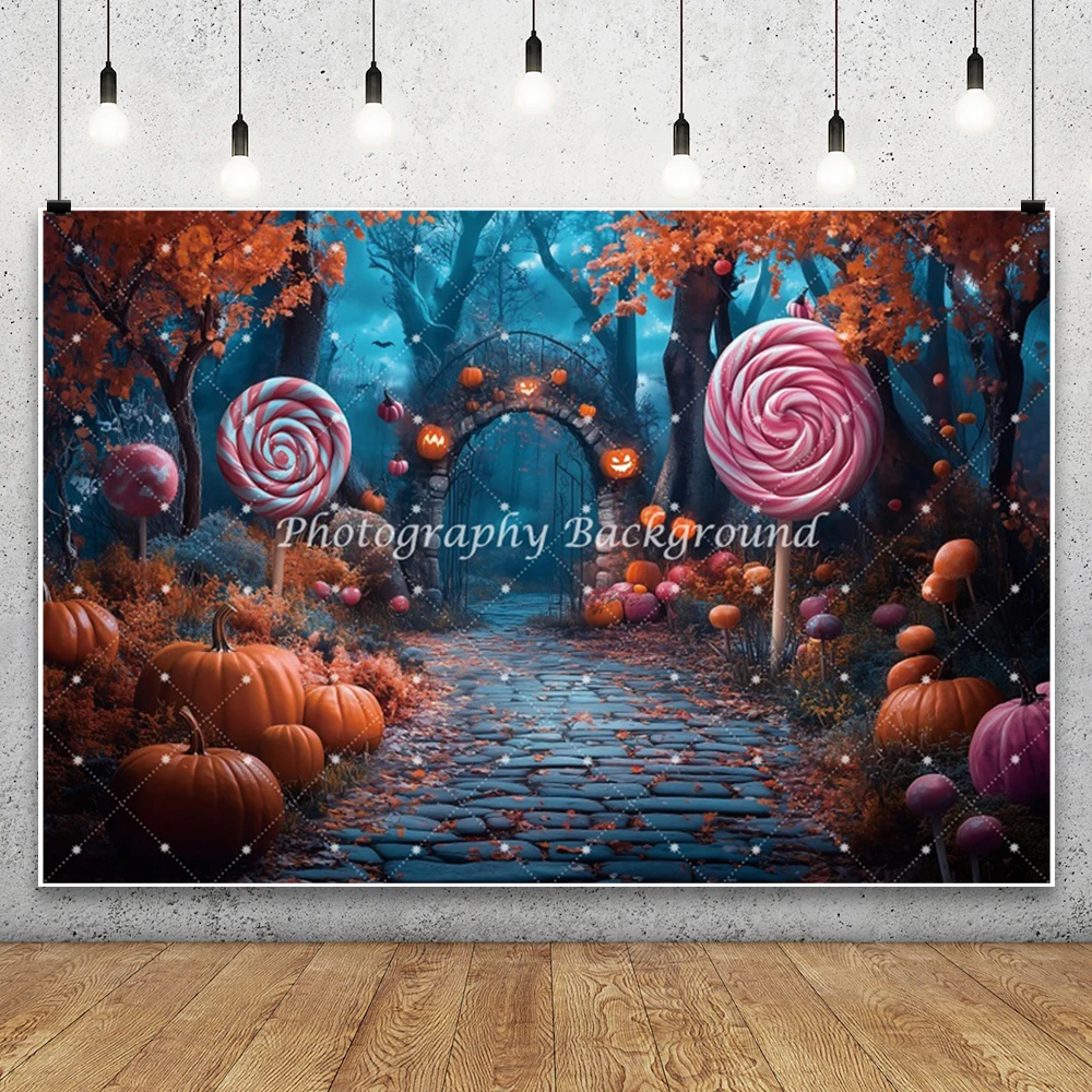 ハロウィン写真撮影背景 怖い鉄の門アーチ 黄色の葉 カボチャ ロリポップ 大人 子供 ハロウィンパーティー写真背景