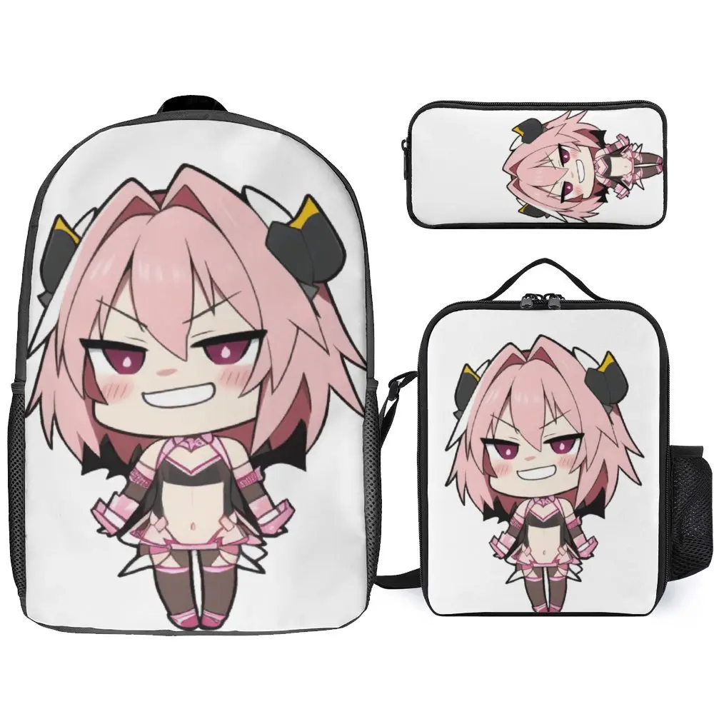 Destino Astolfo Feminino Neko Arc Memória Mochila Set, Lunch Bag, Pen Bag, Mochila de Viagem, lancheira bonito, duradoura Snug, 3 em 1, 17"