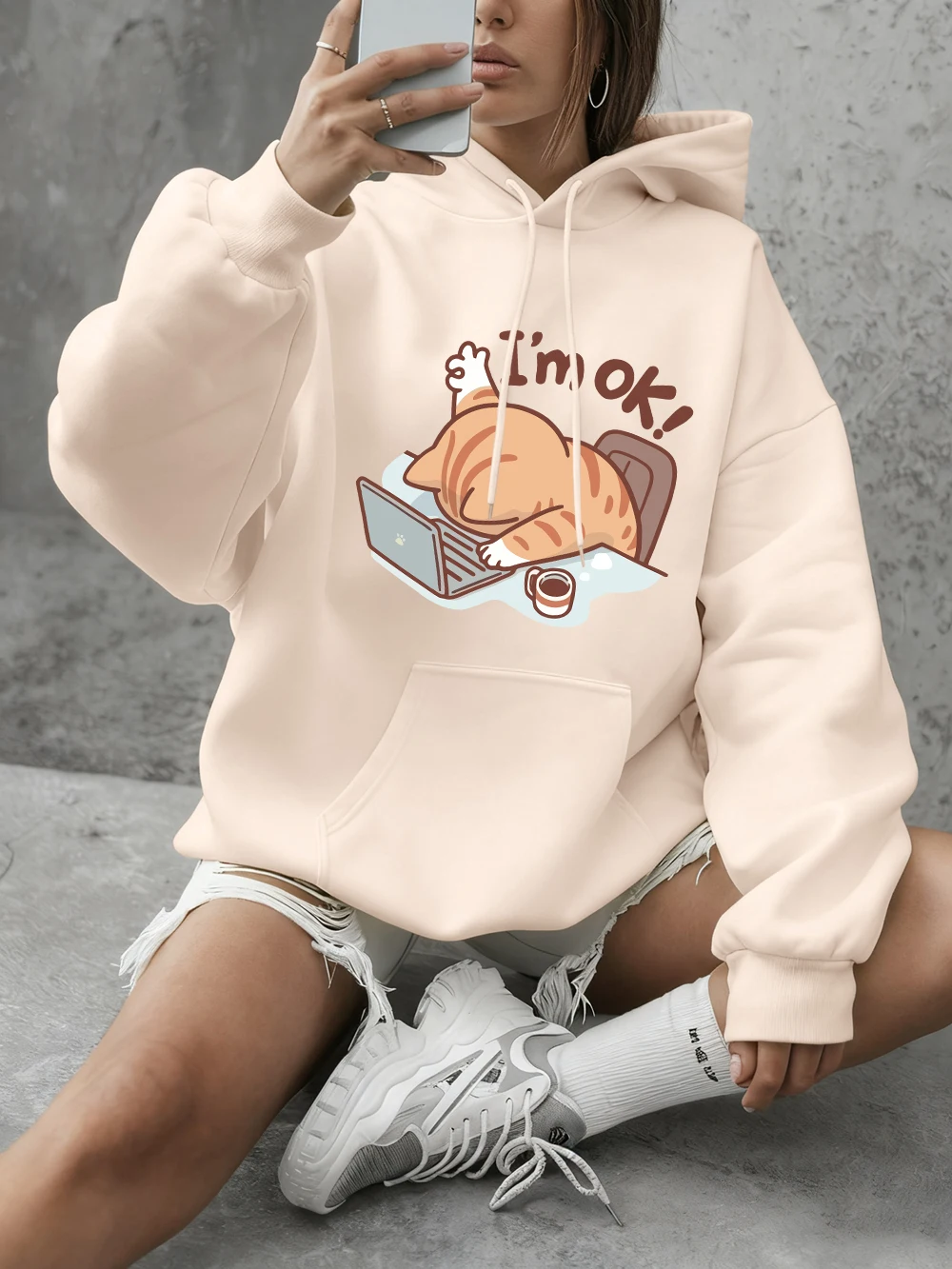 

Толстовки с принтом Fun Cat I'm Ok, женские повседневные свободные толстовки, зимние флисовые теплые пуловеры, базовая удобная одежда с круглым вырезом