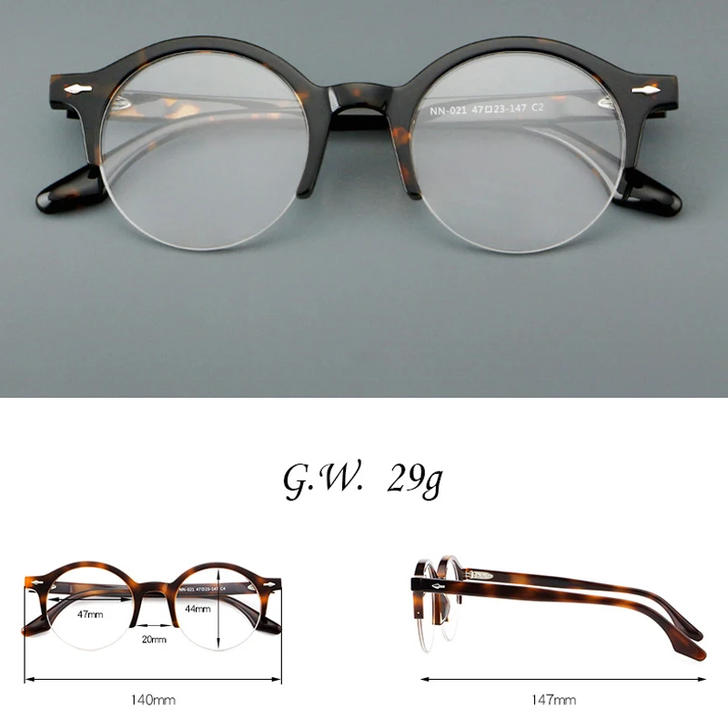 VCKA Men's Anti Blue Light Myopia Acetate Glasses Retro Metal Half-Rim Frames Woman Prescription Custom Eyewear -0.5 TO -6.0