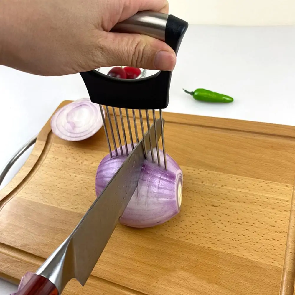 1 Set Onion Holder for Slicing Stainless Steel Potato Tomato Slicing Holder Vegetable Lemon Slicer Chopper Kitchen Gadget