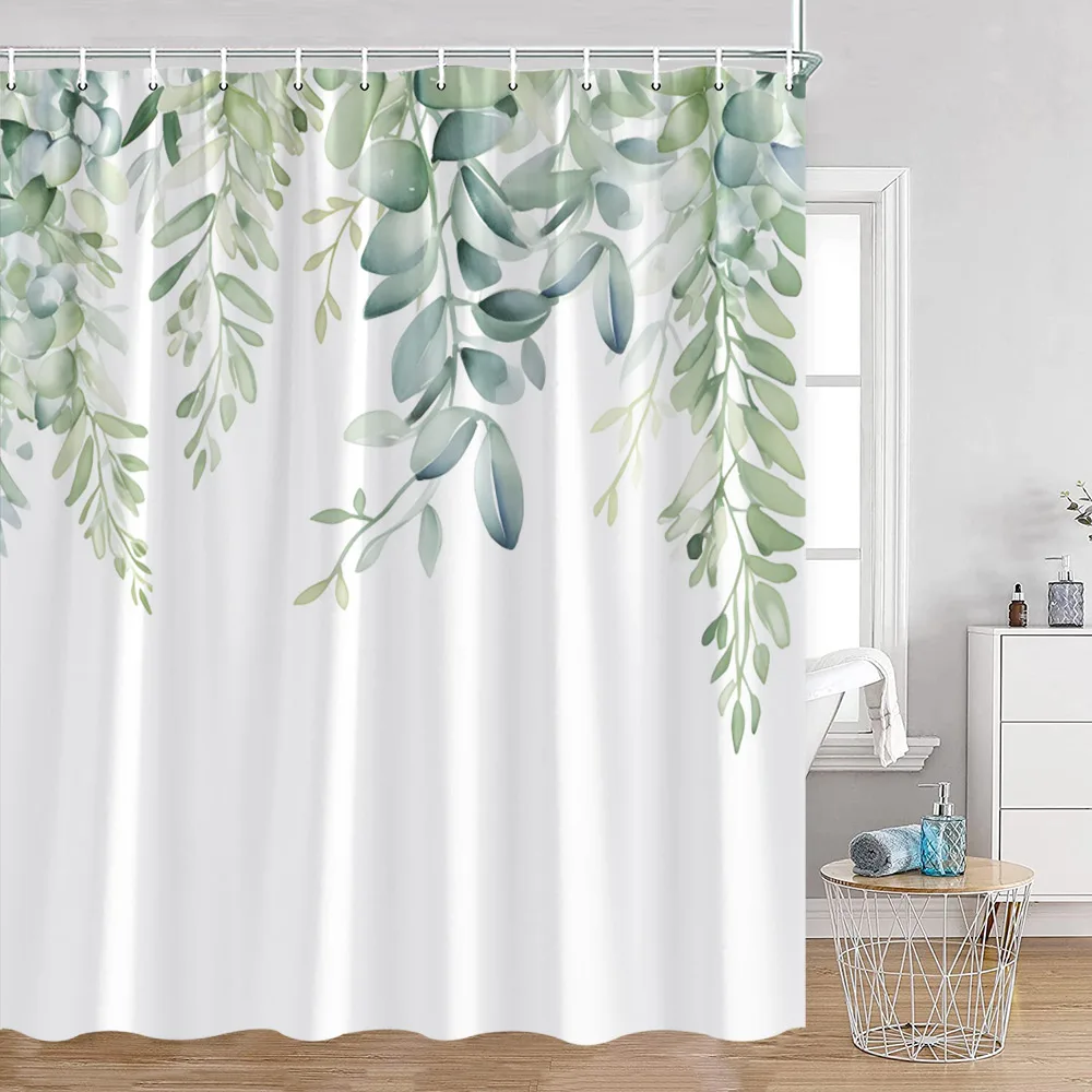 Green Eucalyptus Leaves Shower Curtain Butterfly Watercolour Plants Blue Floral Bath Curtains Modern Bathroom Decor with Hooks