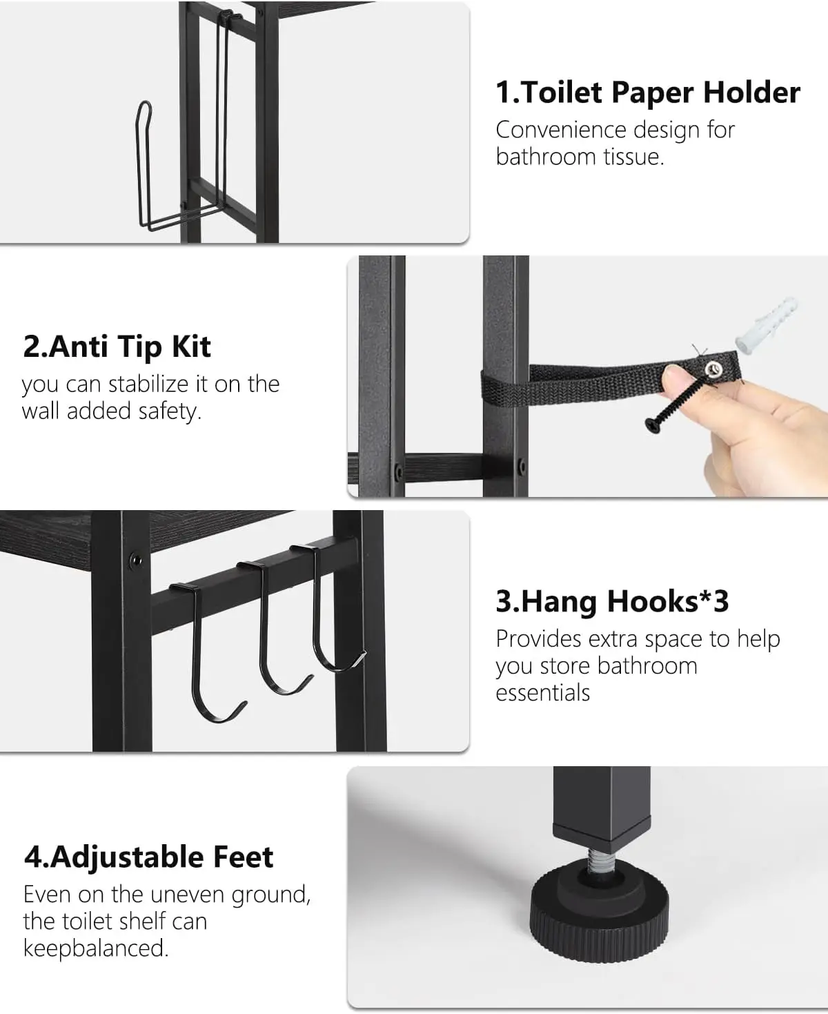 There is a 3-story bathroom sorting rack with a paper rack and 3 hooks on top, independent of the toilet storage rack above