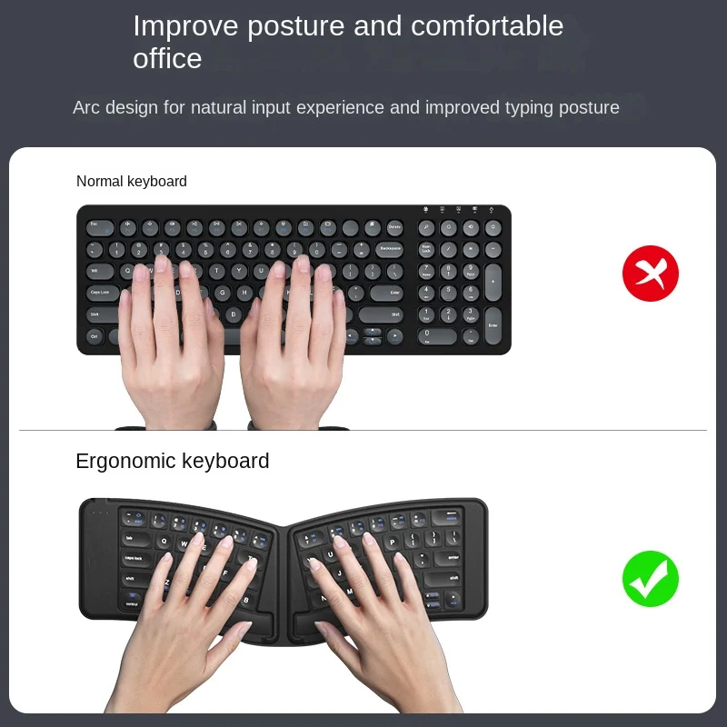 Ergonomic Folding Wireless Bluetooth Keyboard Shaped Portable Notebook Phone Tablet iPad