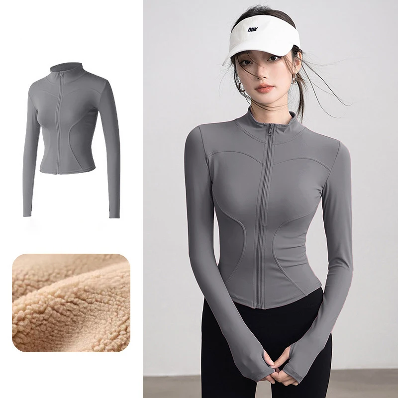 Herbst Winter Warme Kaschmir Sport Jacke Mode Daumen Loch Gym Yoga Kleidung Frau Running Training Zipper Stehkragen Jacken