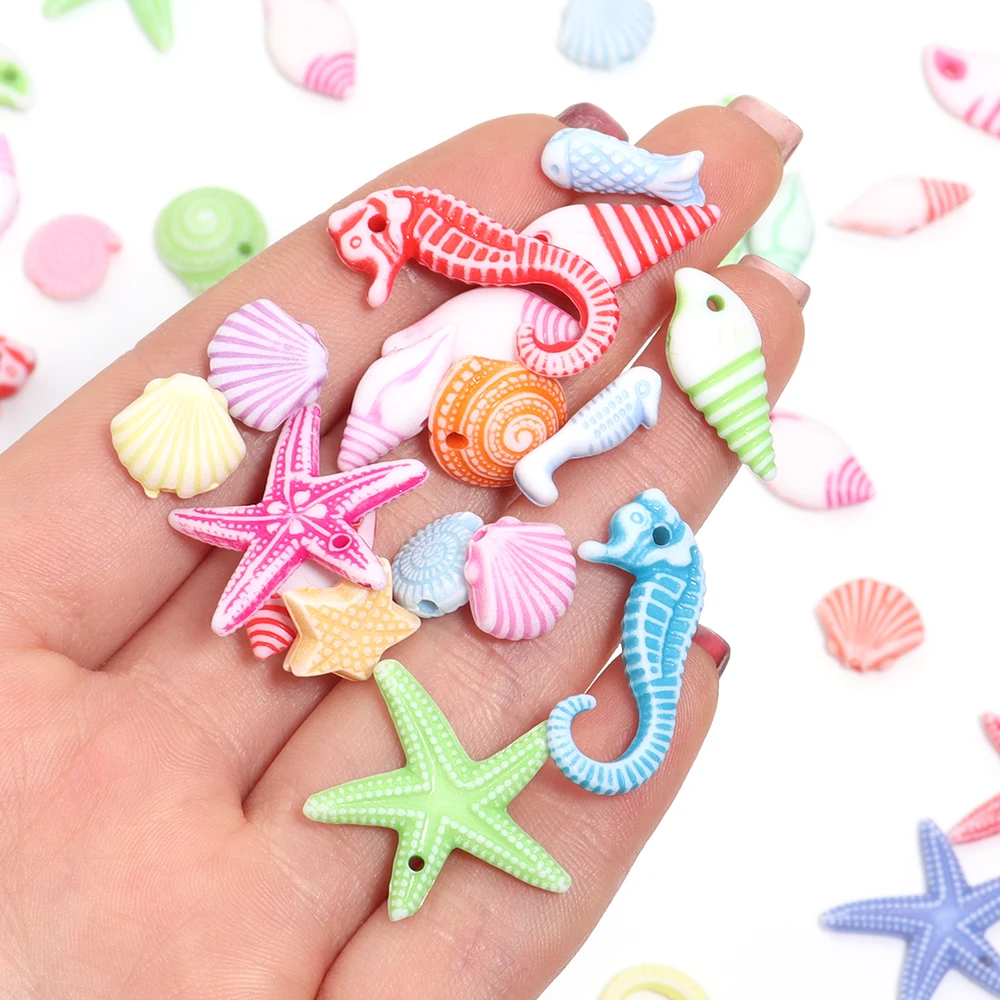 100pcs Conch Sea Shell Beads Mixed Seahorses Starfish Ocean Animal Acrylic Beads For Jewelry Making DIY Necklace Accessories