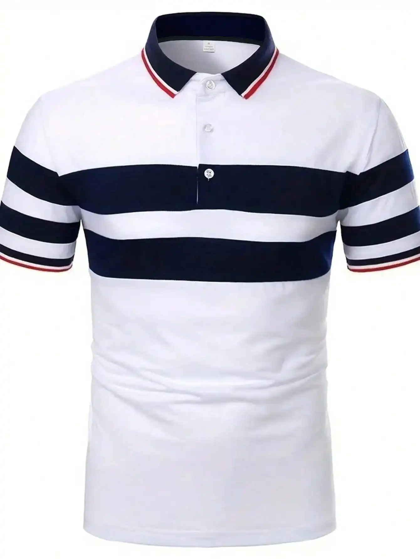 

Men's Striped Short-Sleeve Polo Shirt, Navy and White, Casual Summer Wear