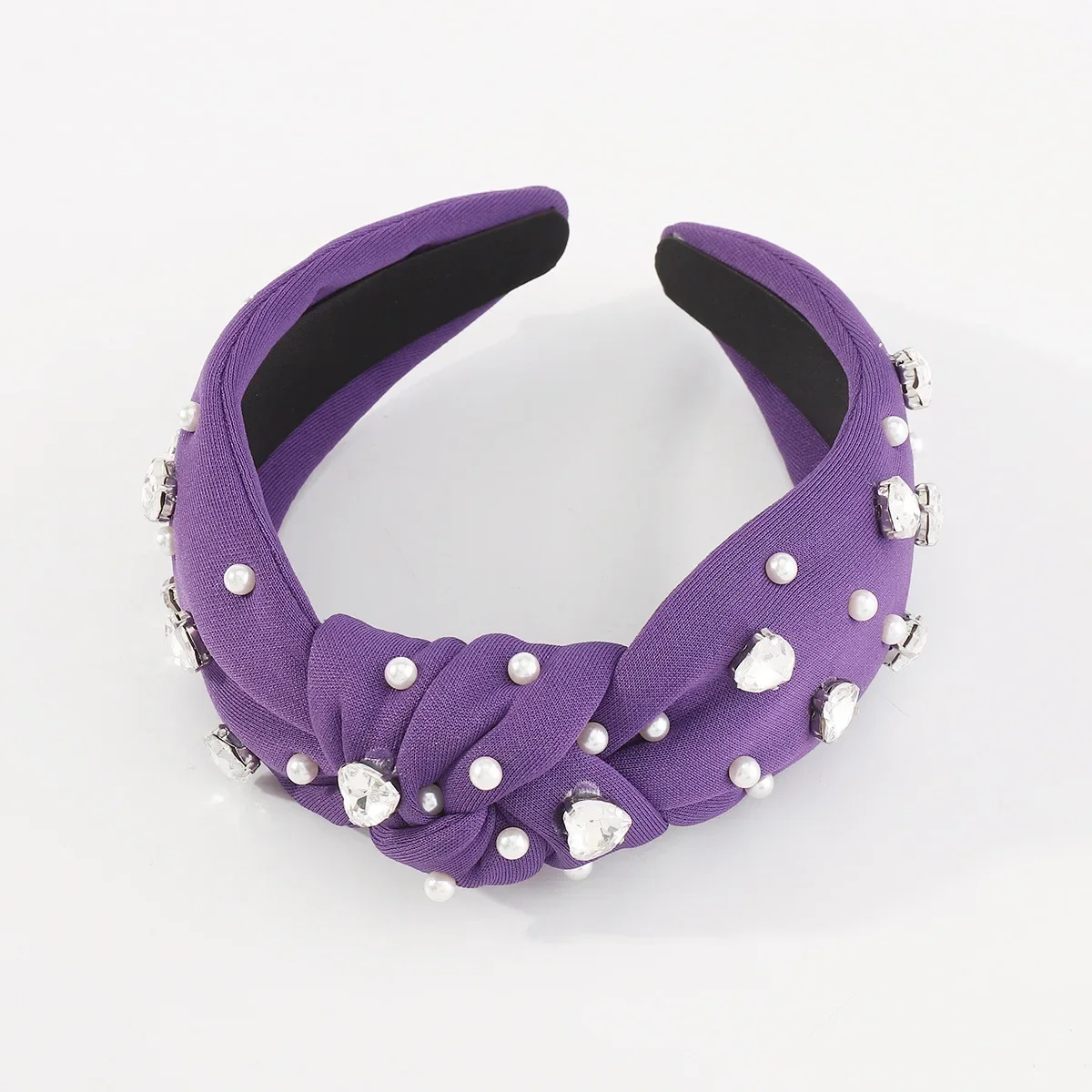 New Fashion Headband Baroque Temperament Beaded Rhinestone Heart-Shaped Fabric Wide Edge Knotted Hair Hoop