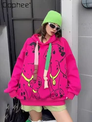 European Goods Oversizeds Hooded Sweatshirts Women 2024 Spring Autumn Mid-Length Loose Graffiti Cartoon Dog Printed Hoodies