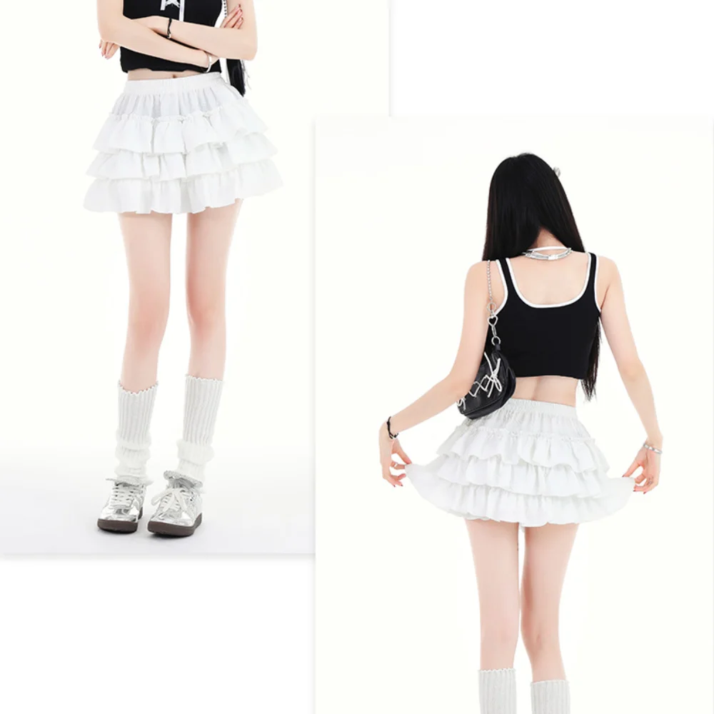 

Fashion Excellent Elastic High-waisted Pongee Skirt Sweet High Waist Ruffled a-line Skirt Beautiful Cake Skirt Women