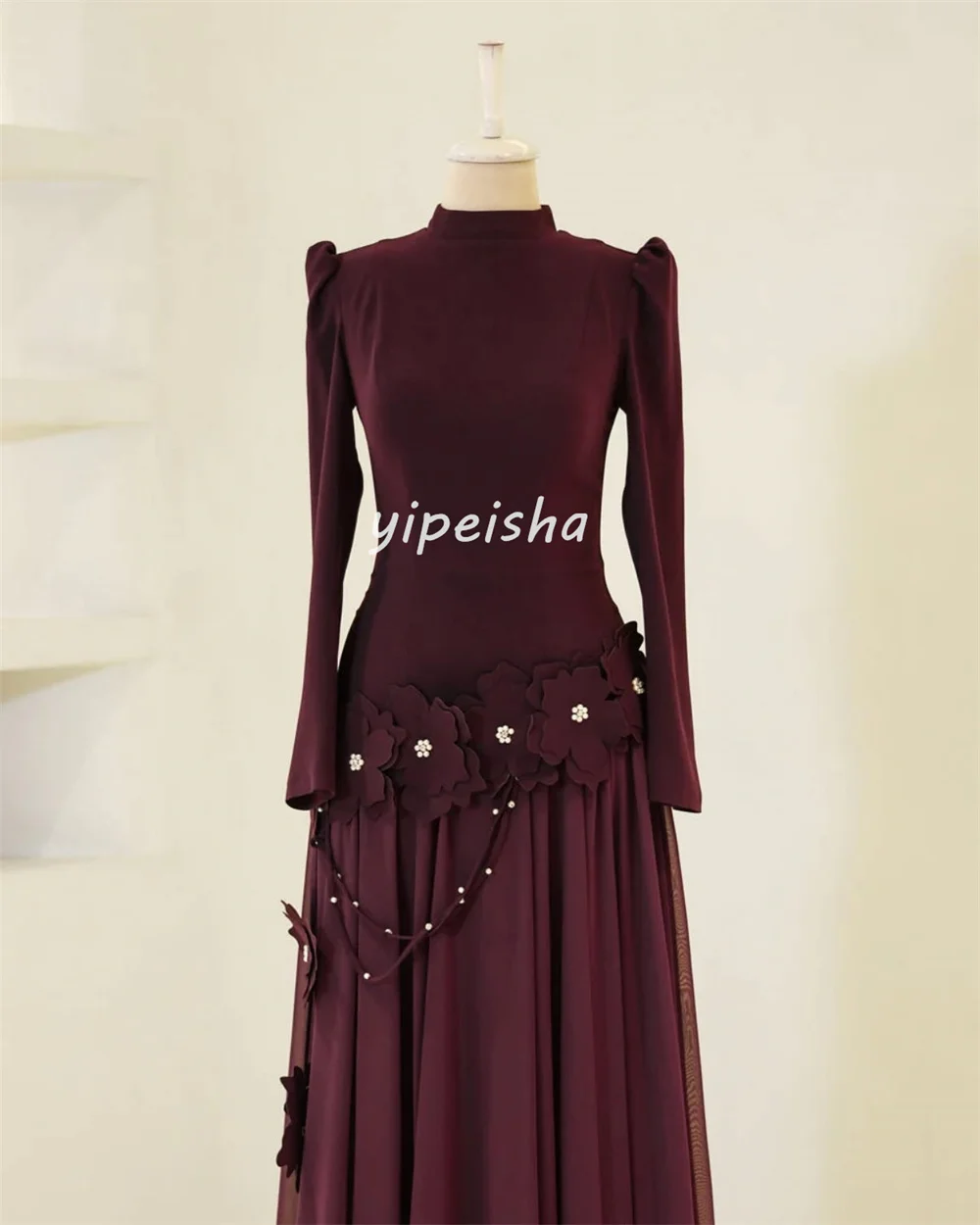 Customized Intricate Retro Jersey Rhinestone Handmade Flower Pleat Ruched A-line High Collar Long Dresses Evening Dresses Casual image 3