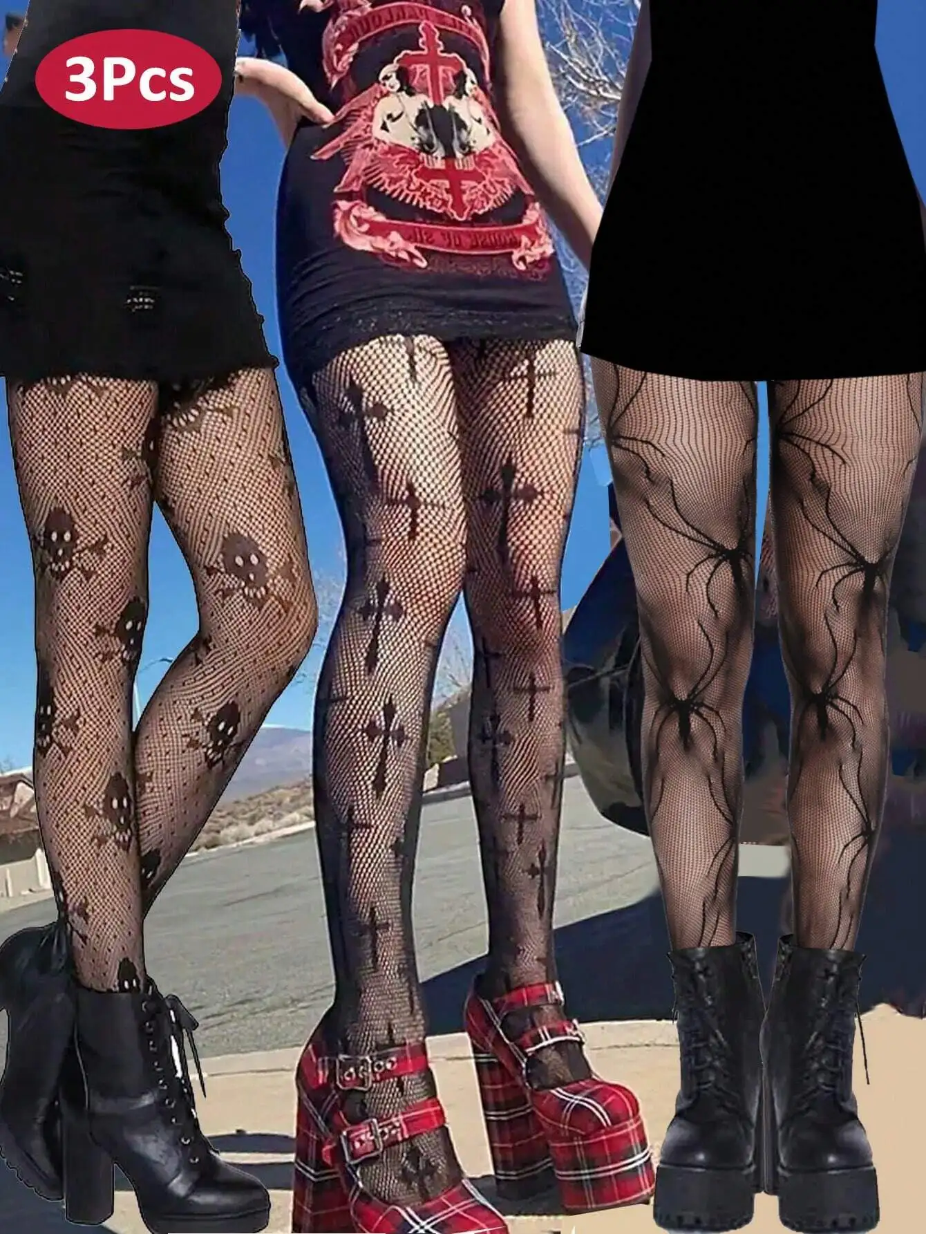 

3 шт. женских готических колготок-сеток с узорами черепа, креста и паука для образов в стиле панк на Хэллоуин