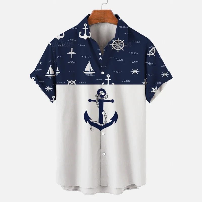 2024 Men's Shirt 3d Boat Anchor Stripe Print Hawaiian Shirts For Men Daily Casual Short Sleeve Shirts Loose Oversized Clothing