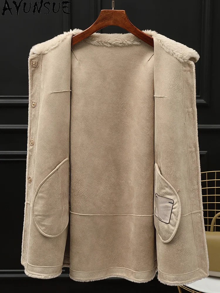 معطف صوف 100% من AYUNSUE للنساء 2025 جاكيت شيرلينغ من الأغنام الحقيقي ملابس شتوية للسيدات من الفرو المركب pallltt Жengarskie متوسط الطول