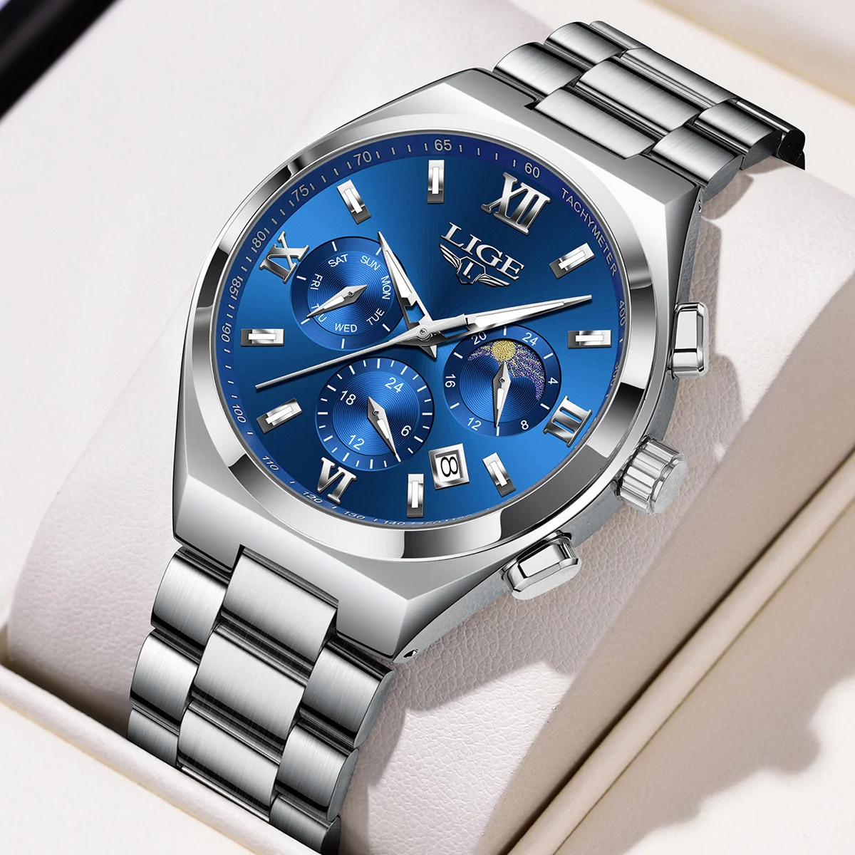 

LIGE Man Watch Waterproof Calendar Business Quartz Wristwatch Moon Phase Stainless Steel Fashion Men Watches Relogios Masculino