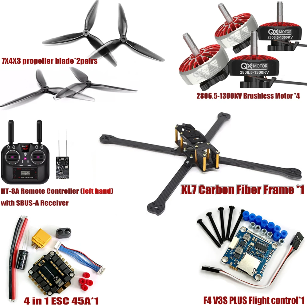 XL7 294mmFrame 2806.5 1300KV Brushless Motor HT-8A with SBUS-A Receiver 7X4X3 Blade F4 V3S PLUS 4in1 45A ESC For 7inch FPV Drone