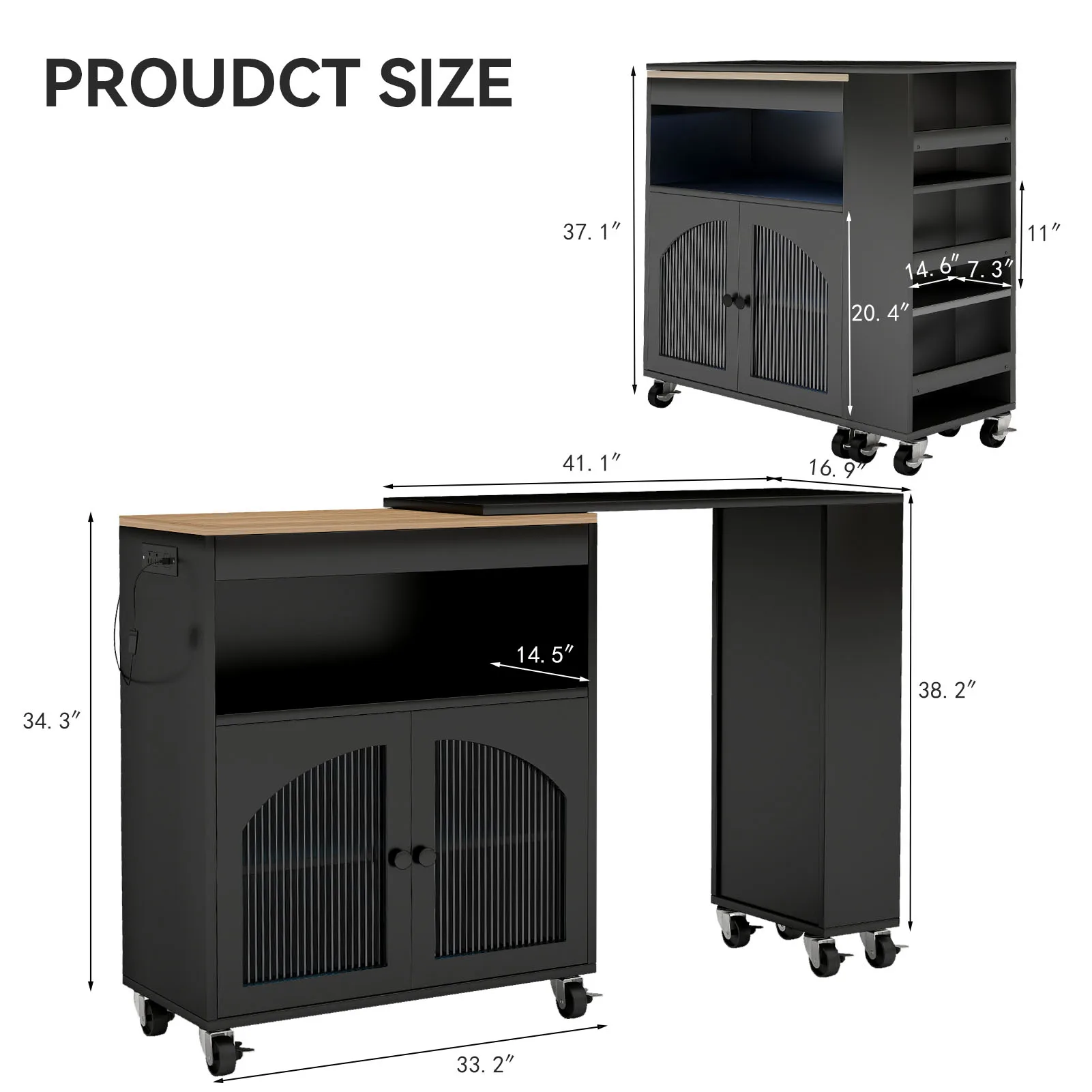 طاولة جزيرة المطبخ المتدحرجة القابلة للتوسيع، عربة تخزين المطبخ المتكاملة، 3 أرفف مفتوحة لأثاث المطبخ