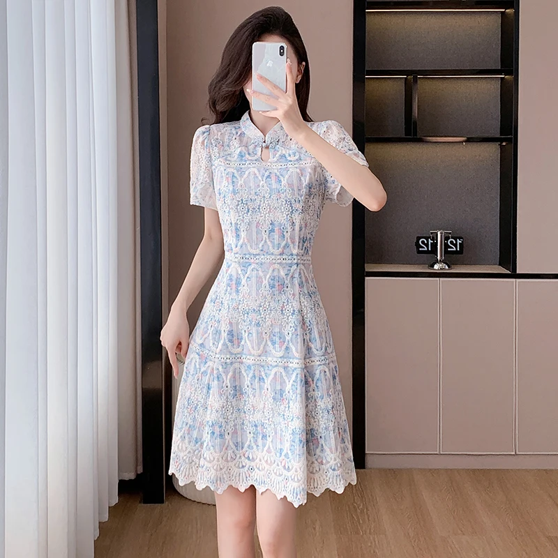 Chinese Style Elegant Summer Flower Embroidery Dress New Women Stand Collar Hollow Out High Waist Slim Prom Party Clothes