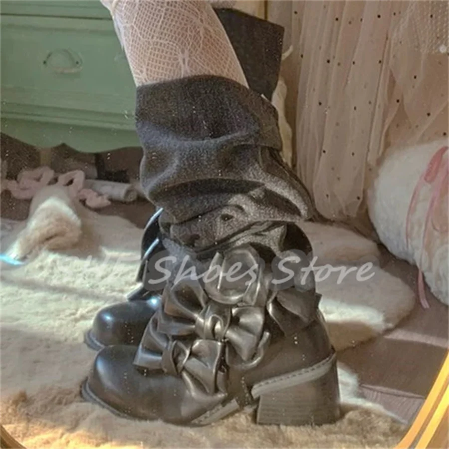 

Y2K Butterfly-Knot Cross-Strap Denim Splicing Boots Women Chunky Heel Pleated Mid Calf Boots Lolita Girl Cosplay Dress Shoes