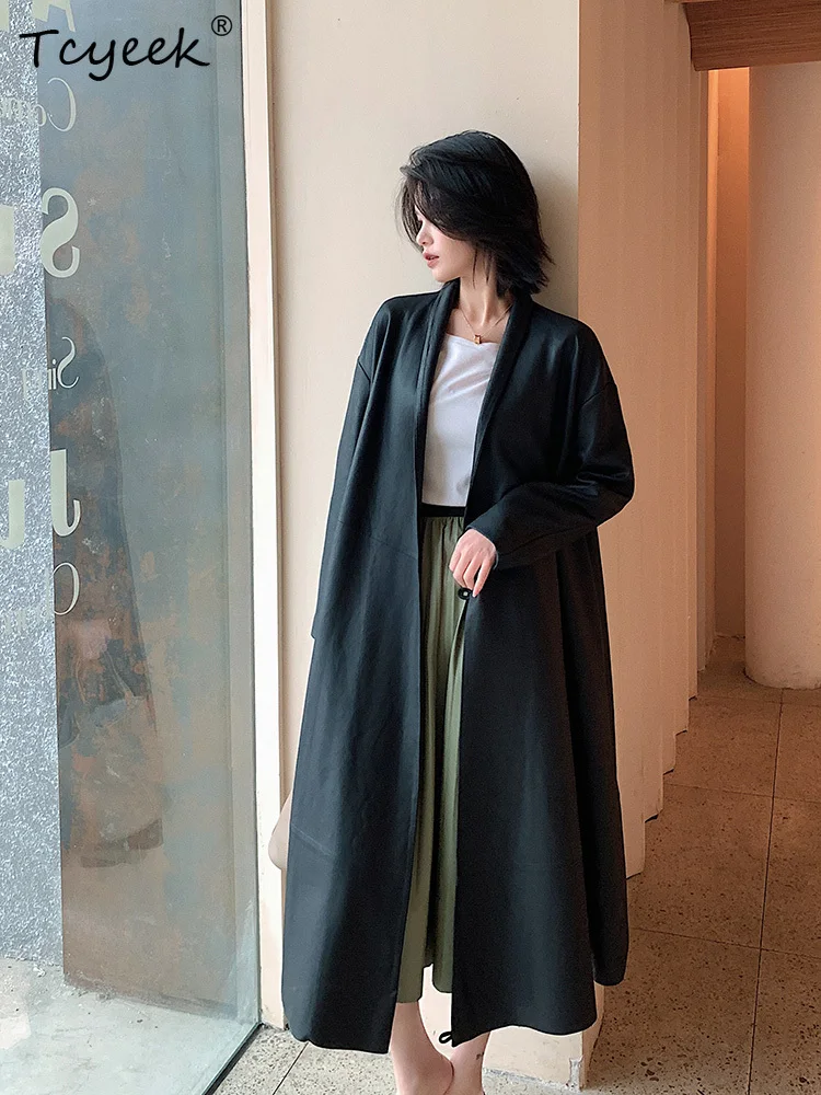 Tcyeek Pelle di pecora Primavera Autunno Colletto nero del vestito Vintage Giacca in vera pelle da donna di media lunghezza Жaki Julaiжаusus Куртка