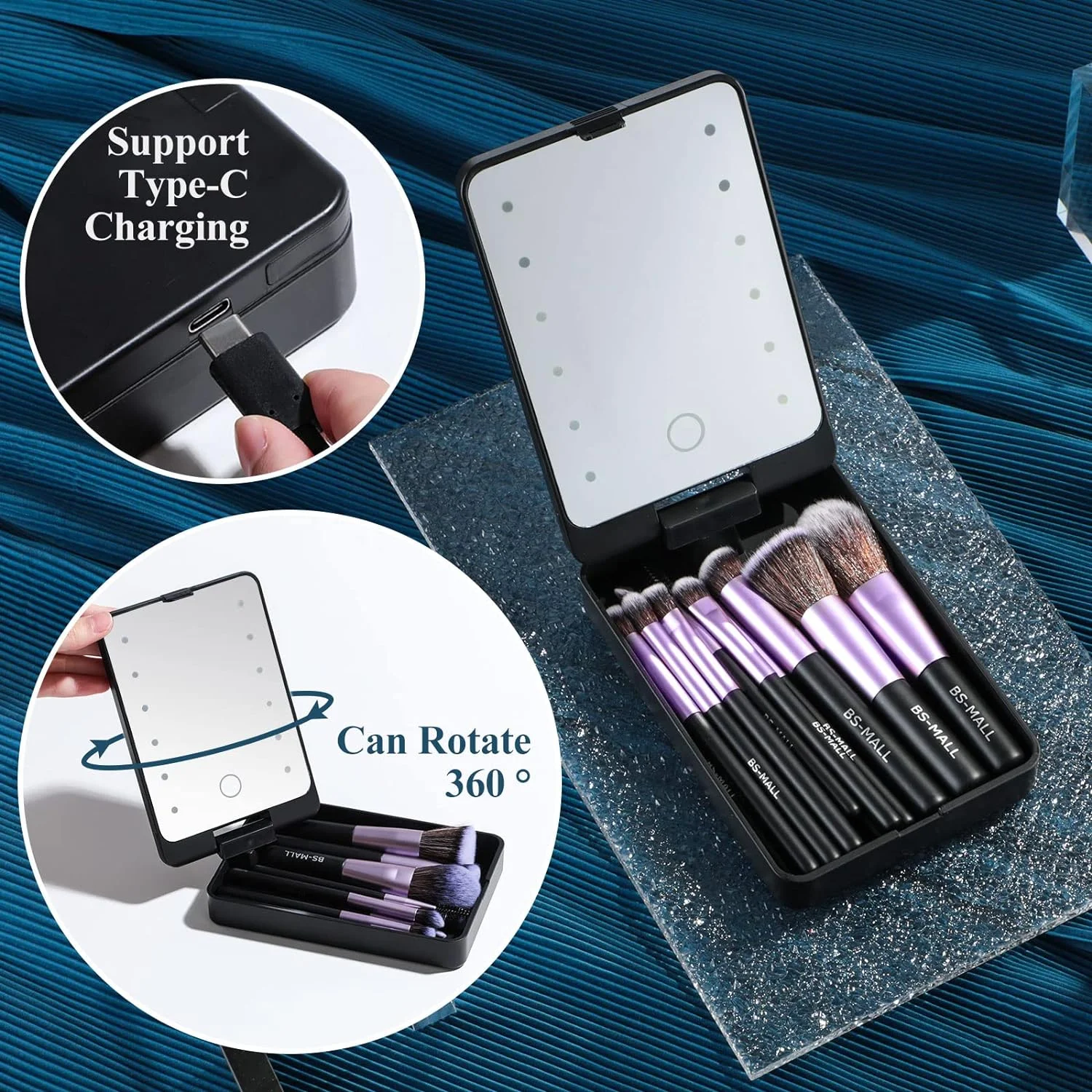 Travel Makeup Brush Set Foundation Powder Concealers Eye Shadows Makeup Set with LED light Mirror 14 Pcs (Purple)