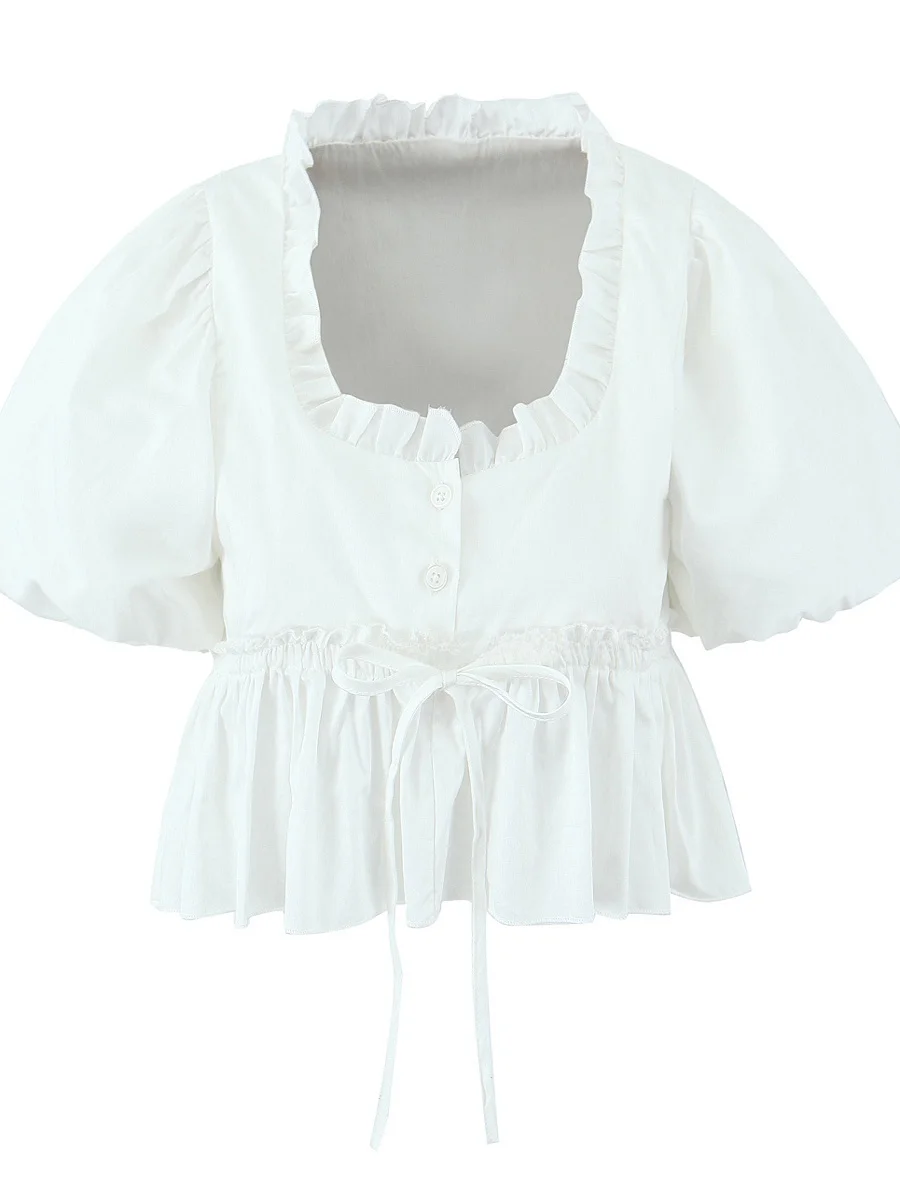 French Sle High Waist ort Sve Low round Ne Ruffle Hem Top Cotton 00% Pure Color ort Dring Sle