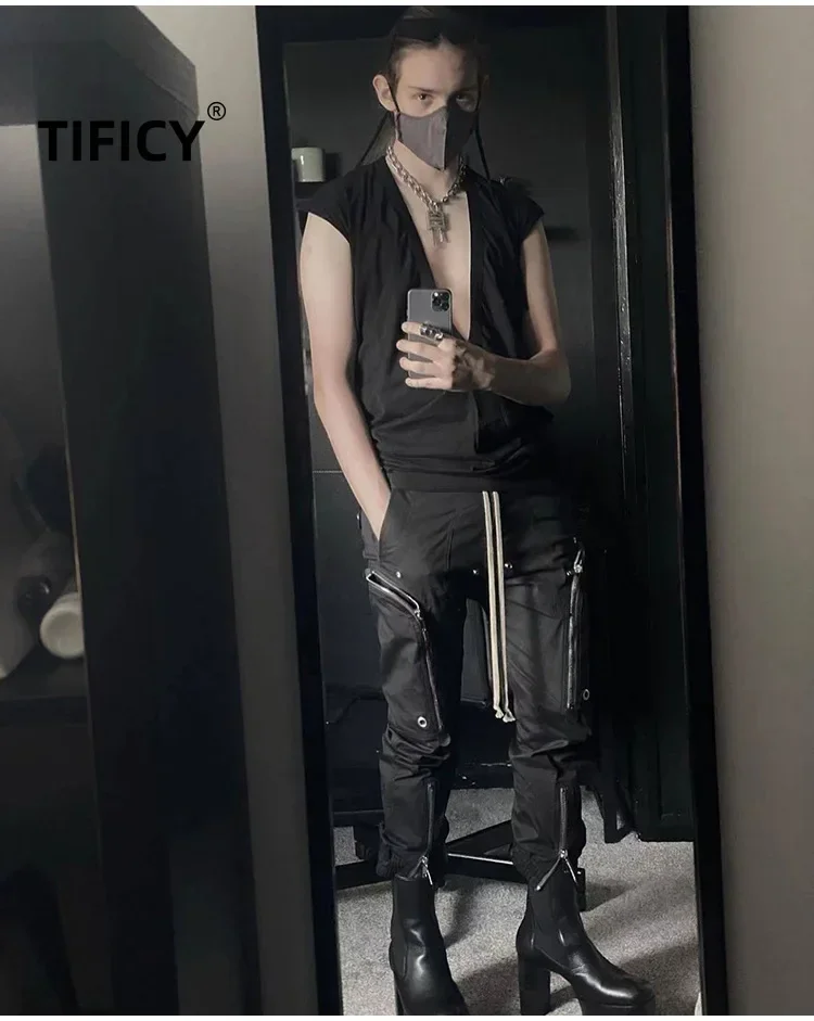 High Street Cotton Tees Tshirt  Men's Spring/Summer New Style Big V-neck Dark Knitted Sleeveless Tank Vest Couple's Same Top