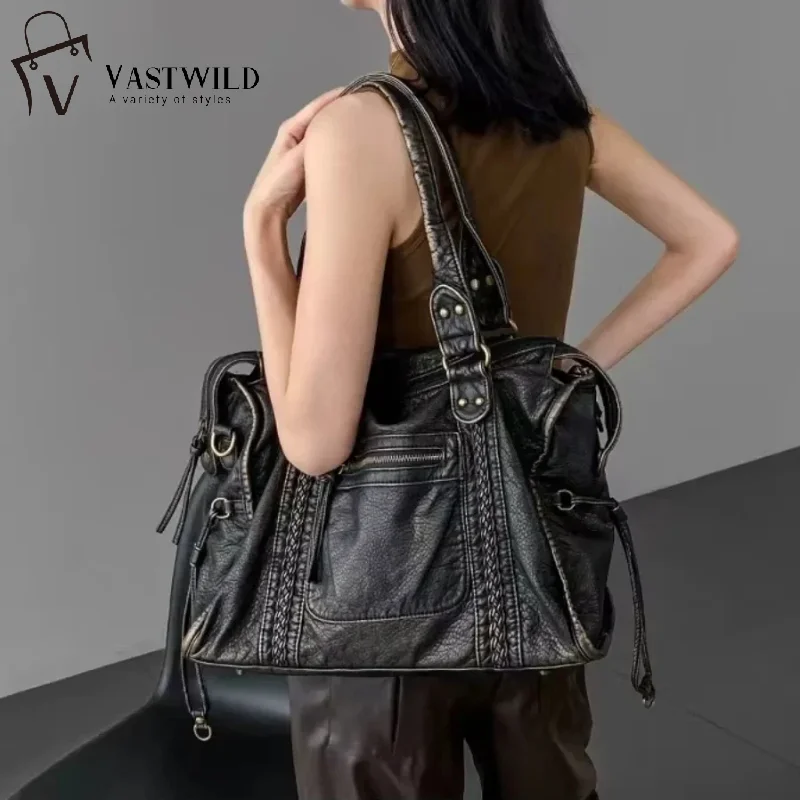 

Vintage Washed PU Leather Large Capacity Tote Zip Pockets Braid Decor Shoulder Cross body Bag Unisex Women Daily Travel Handbag