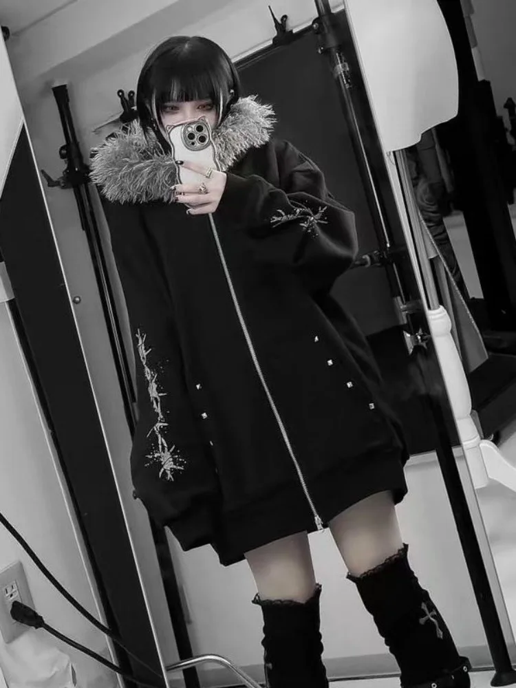 Women Fur Hooded Parkas 2025 Winter Coat Man Unisex Y2K Dark Retro Hoodie Faux Fur Collar Loose Printed Fleece Lined Cardigan