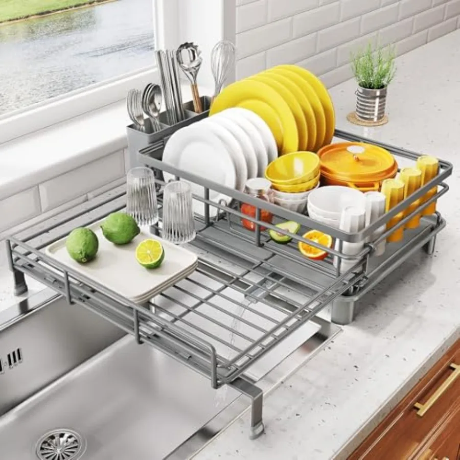 

Dish Drying Rack - Extendable Dish Rack, Large Sink Drying Dish Drainer for Kitchen Counter, Stainless Steel Dish Strainer with