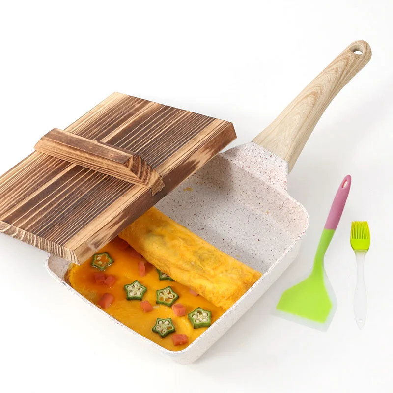 Fried Egg Pan Nonstick Japanese Omelette Tamagoyaki Frying Pan with Wooden Cover Gas Stove and Induction Cooker Kitchen Cookware