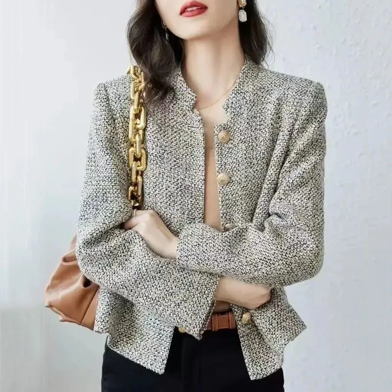 

2023 New Spring Autumn Chic Tweed Jacket Women Korean Elegant Single Breasted Long Sleeve Coat Female Casual Outerwear Lady Tops