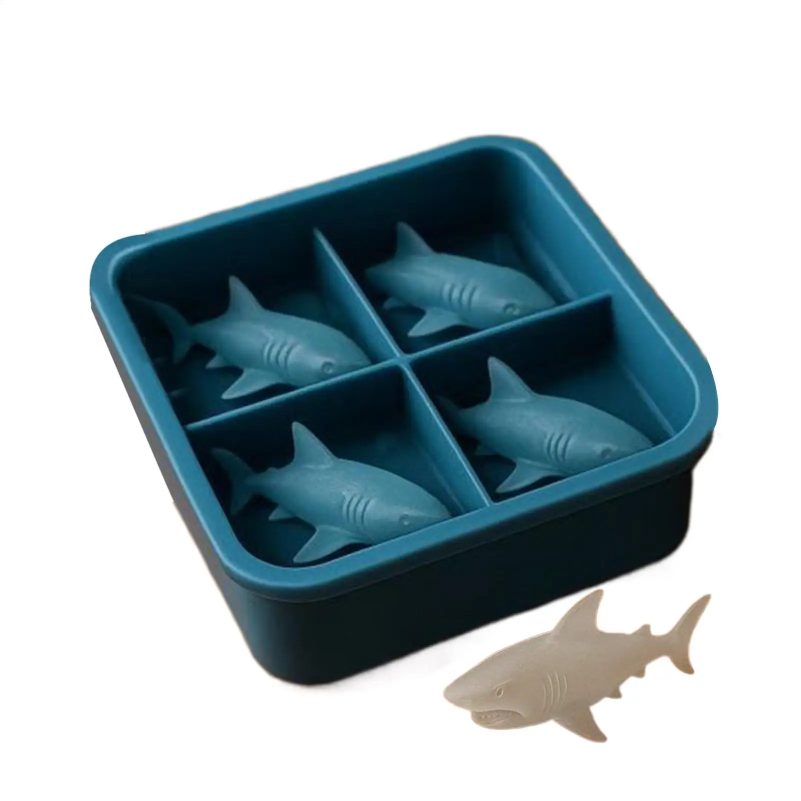 4 Gitter 3D Hai geformte Silikon-Eiswürfelform Hai-Eisform Niedliche Eisform Easy Release wiederverwendbare Whiskey-Eiswürfelform