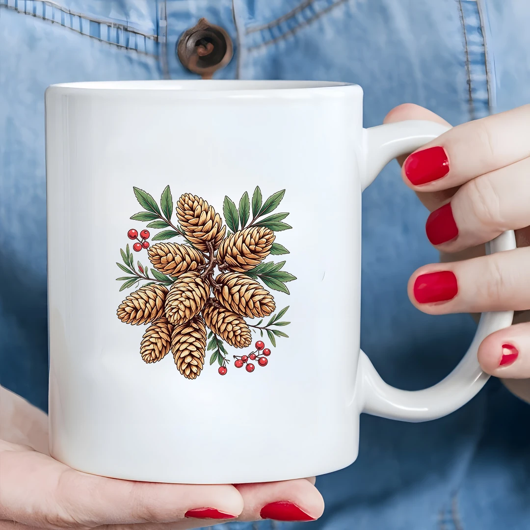 

11oz Mugs + Pinecone Berry Illustration Cup - Kids Family Office Cup - Christmas Gift Cup