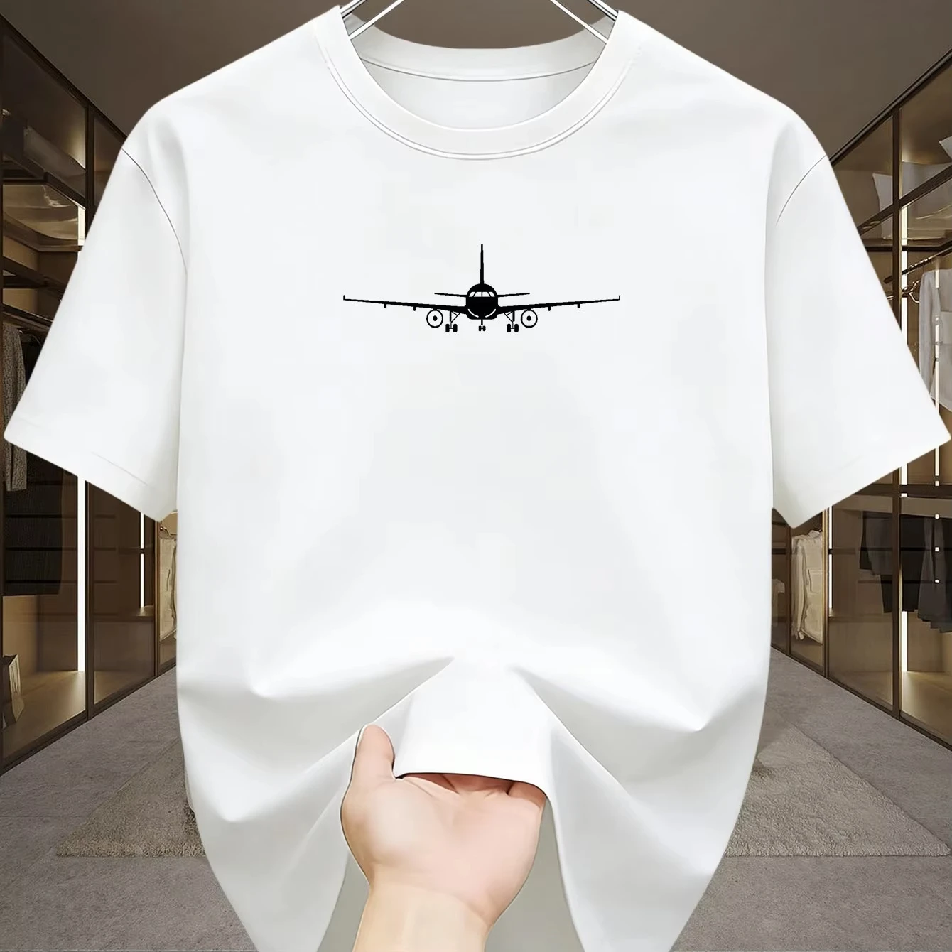 Men's Aviation Airplane Print T-Shirt Casual Loose Fit Short Sleeve Black Cotton Tee 2026 Summer Minimalist Streetwear Tops
