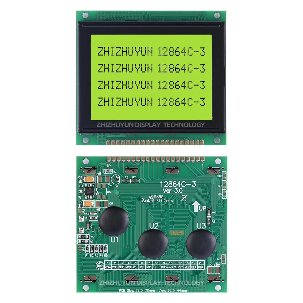 Módulo multilingue do indicador do LCD com porto paralelo plástico, azul e verde, 20PIN, 128x64, 78x70mm, 12864C-3