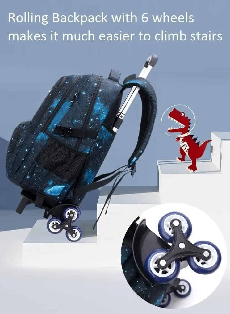 Mochila escolar com rodas para crianças, Mochila de rolamento para menino, Mochila escolar com rodas, Mochila de bagagem de mão, 6 rodas