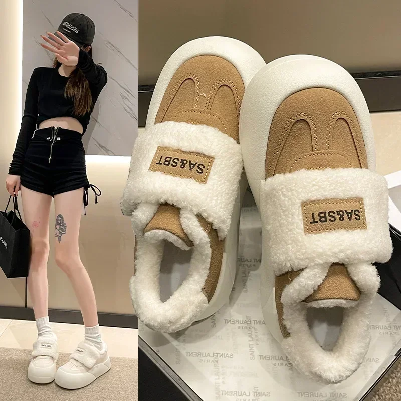 Fashion Cotton Shoes Women New Round Toe Platform Plush Shoes Warm Thick Sole Low Top Female Plush Footwear 2023 Autumn Winter