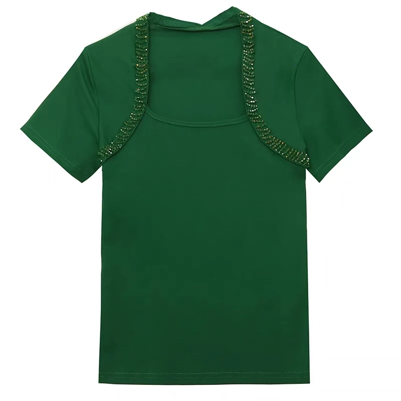 New Summer Korean Chic Women T-Shirt Fashion Sexy Square Neck Beading Tees Brand Girl Short Sleeved Slim Cotton Tops Blusas