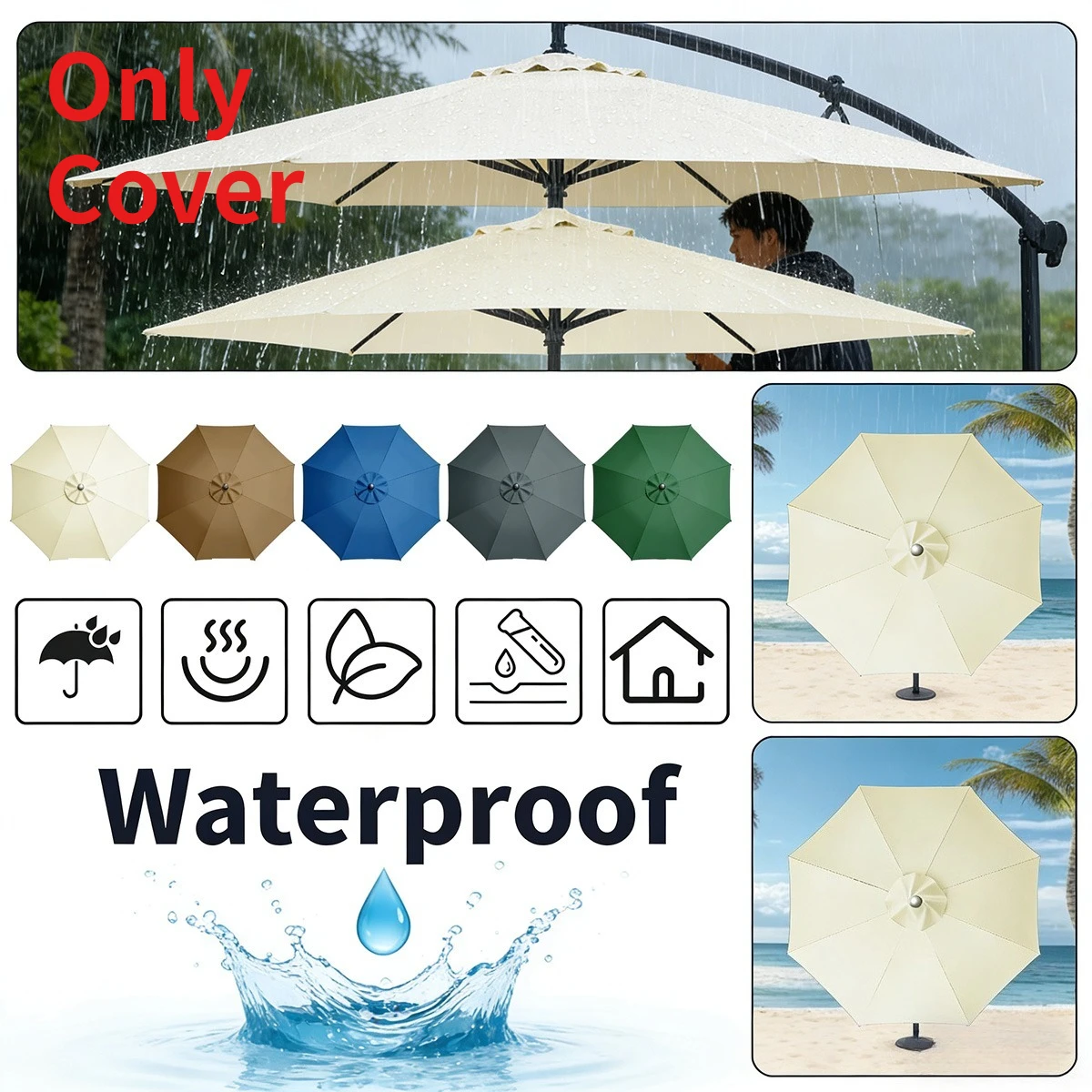 6.5/9/10 Ft White Patio Umbrella Replacement Canopy, All-Weather Umbrella Cloth Cover (Canopy Only)