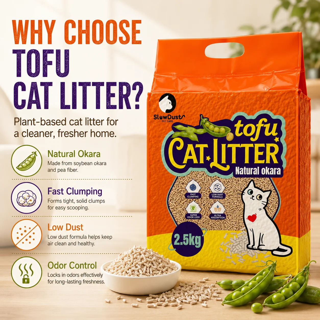Tofu Cat Litter Flushable Natural Plant - SlowDust, arena para gatos a base
