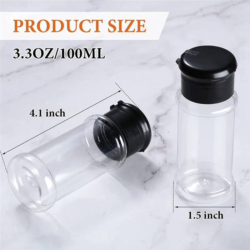 50Pcs Plastic Spice Jars with Shaker Lids Spice Containers Plastic Spice Bottles Seasoning Shaker Jars 3.3Oz/100Ml Black