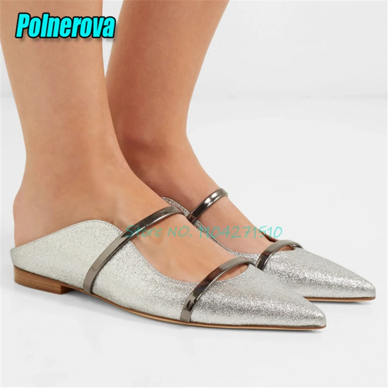 Bling Silver Double Strap Half Slippers for Women Solid Leather Pointed Toe Shallow Mules Summer New Outside Casual Flat Shoes