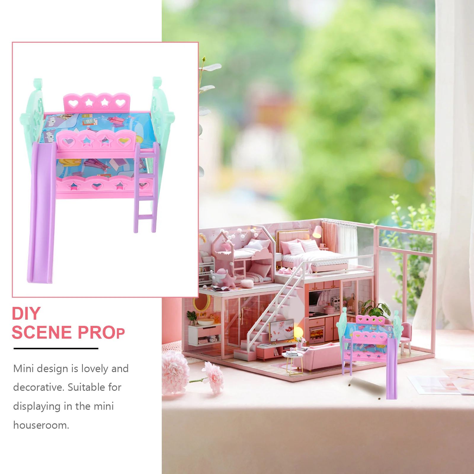 미니 이층 침대 장식품 간단한 색상 내마모성 장식 가구 미니 하우스 어린이 놀이 장면 이층 침대