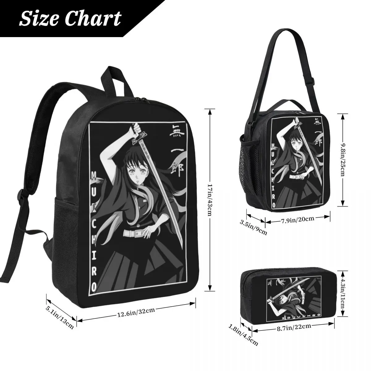 Muichiro Tokito Backpack Student Boys Girls BookBag School Bag Laptop Shoulder Bags 3ps Insulated Lunch Bag Pencil Case