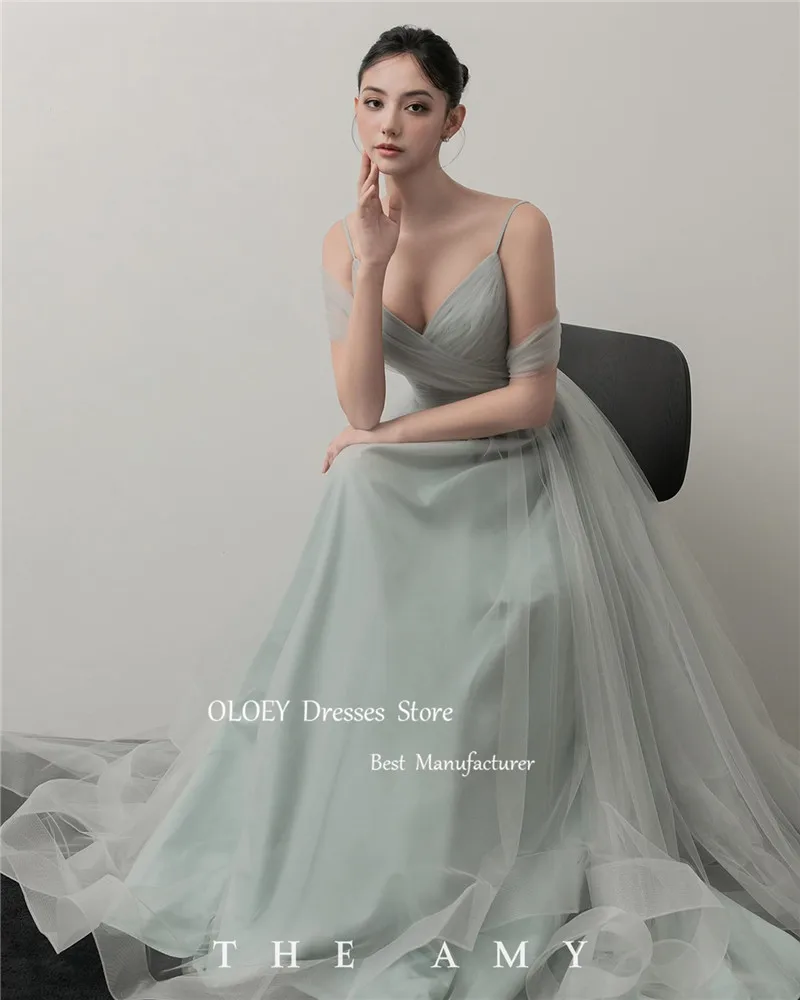 OLOEY-Robe de soirée en tulle nickel é, bleu poussiéreux, style coréen, pour séance photo, bretelles spaghetti, à volants, longue tenue de Rh, quel que soit le corset au dos